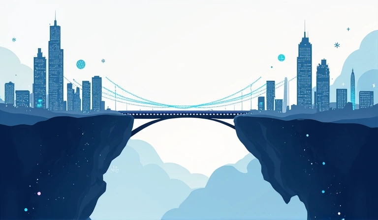 A bridge connecting two islands, one representing 'Development' and the other 'Operations', with digital elements flowing between them.