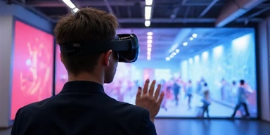A person wearing a VR headset interacting with a virtual environment, representing immersive technologies.