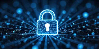Cybersecurity lock icon merged with a digital network, representing robust data protection.