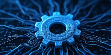 Digital gears intertwining with lines of code, representing software development.
