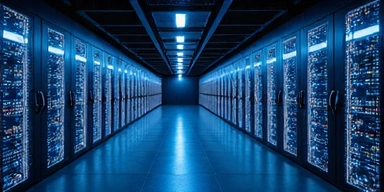 Futuristic data center with glowing servers, symbolizing big data analytics.