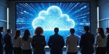 Team collaborating on a cloud computing interface, symbolizing scalable IT solutions.