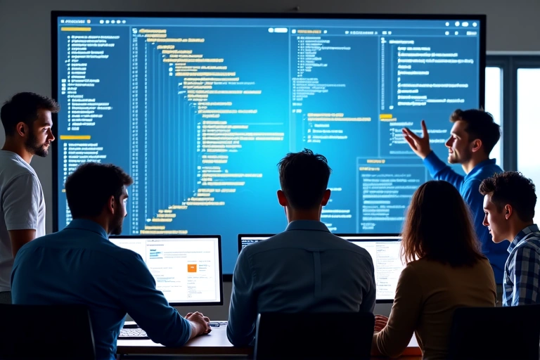 A team of diverse professionals collaborating on a digital project in a modern office environment.