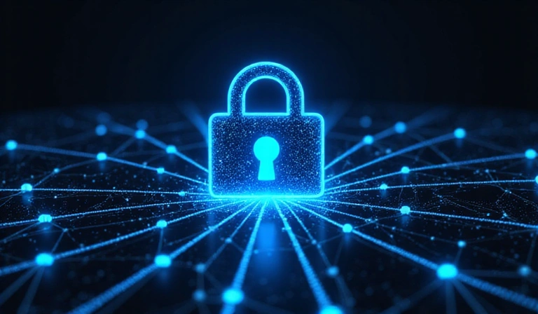 Cybersecurity lock icon over a digital network
