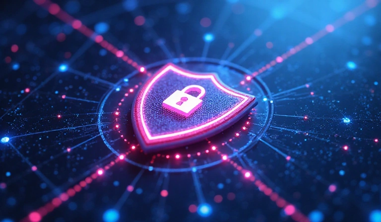 Data privacy concept with padlock and digital shield